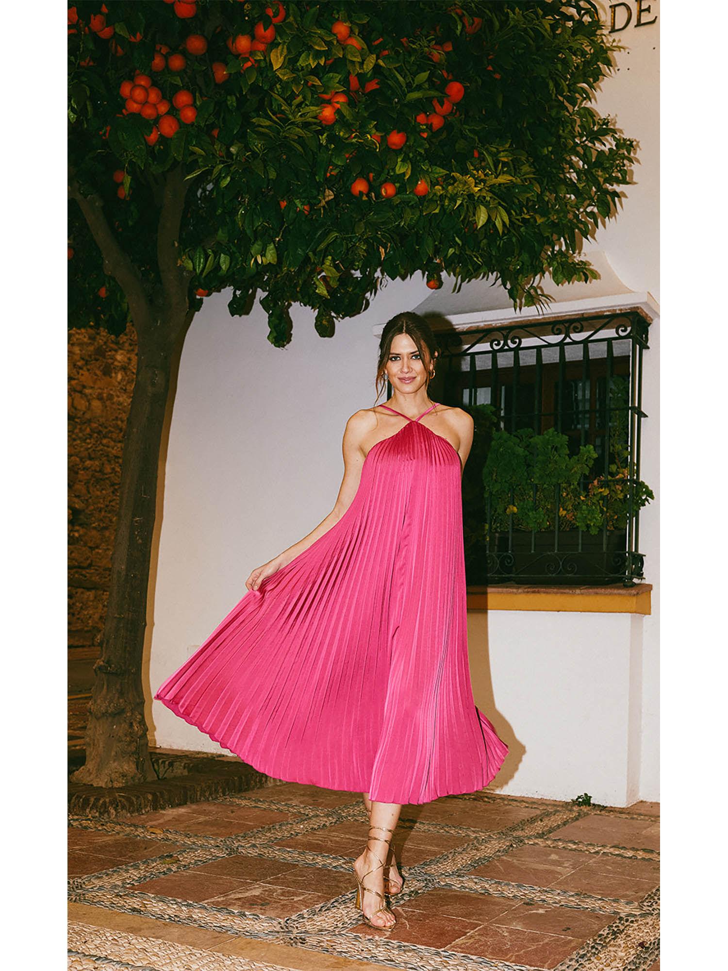 pink satin pleated midi dress