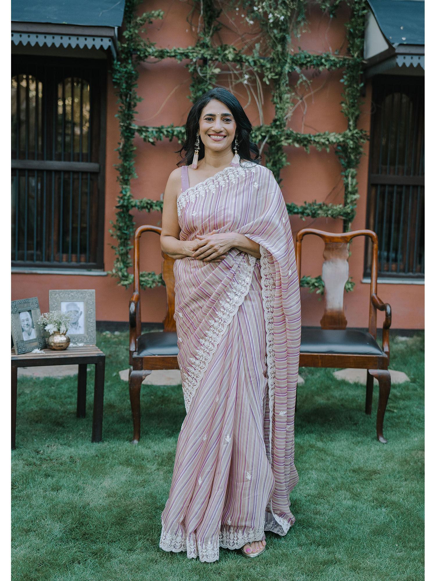 pink satin saree with belt with unstitched blouse