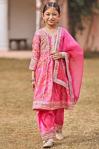 pink satin sequins & thread embroidered kurta set for girls