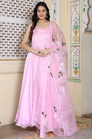 pink satin silk anarkali set