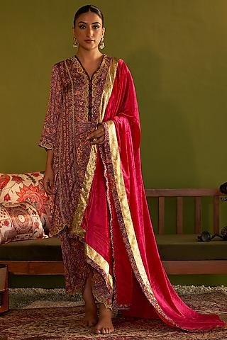 pink satin silk printed & zari embroidered tunic set