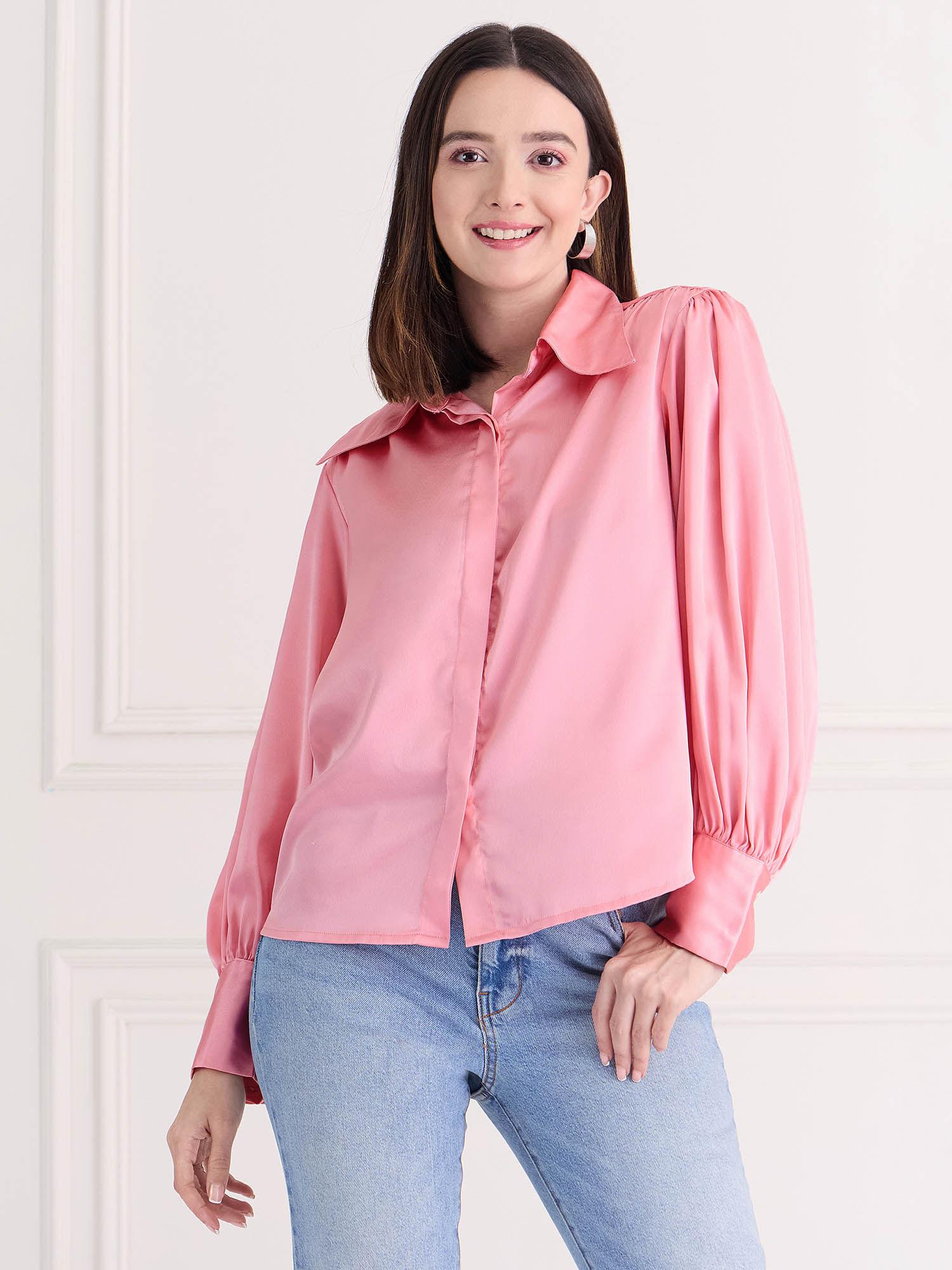 pink satin spread collar shirt with shoulder gathers