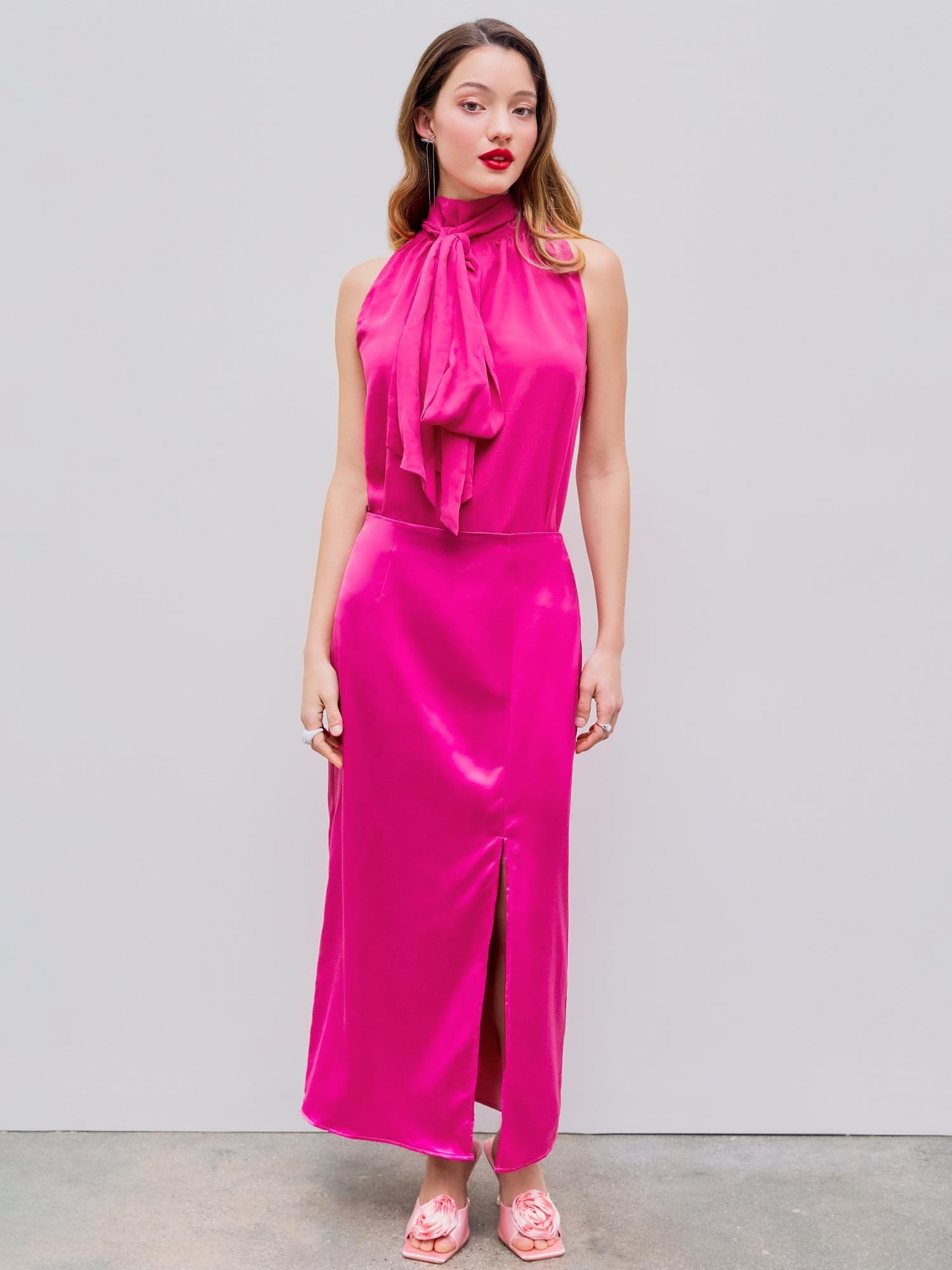 pink satin stand collar bowknot top and split maxi skirt (set of 2)