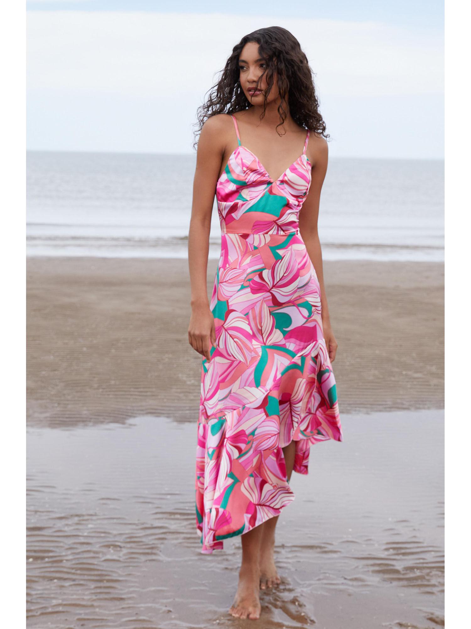 pink scarf print satin frill detail midi dress