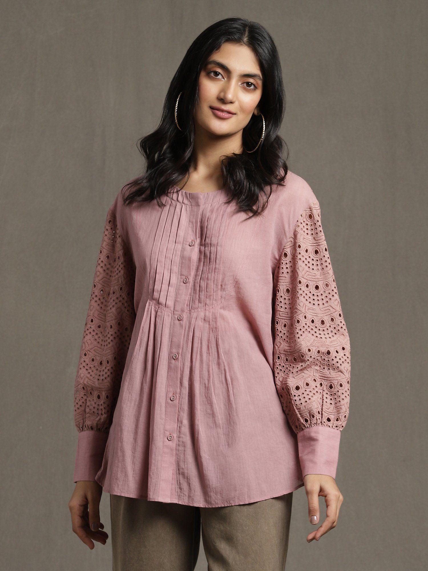 pink schiffli kurti with pintuck detail