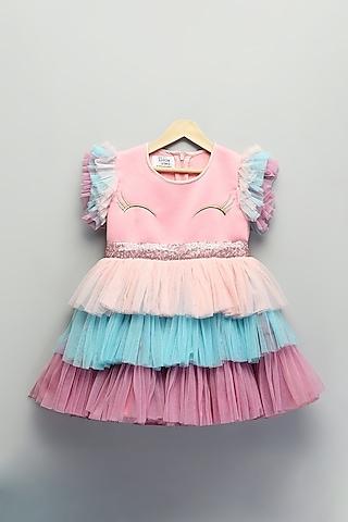 pink scuba & soft net unicorn embroidered dress for girls