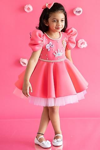 pink scuba & tulle hand embroidered flared dress for girls