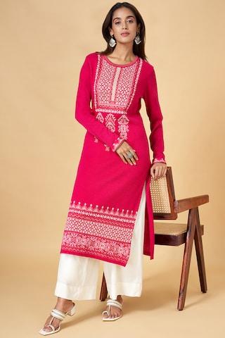 pink self design calf-length  casual women regular fit  kurta