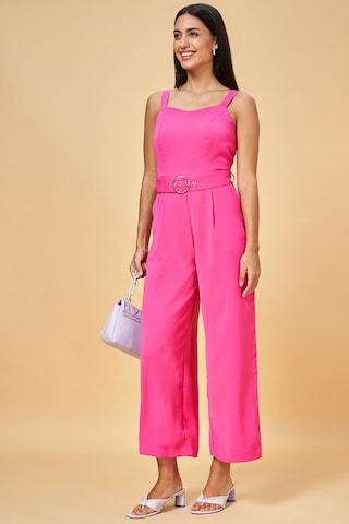pink self design full length  party women slim fit  jumpsuit