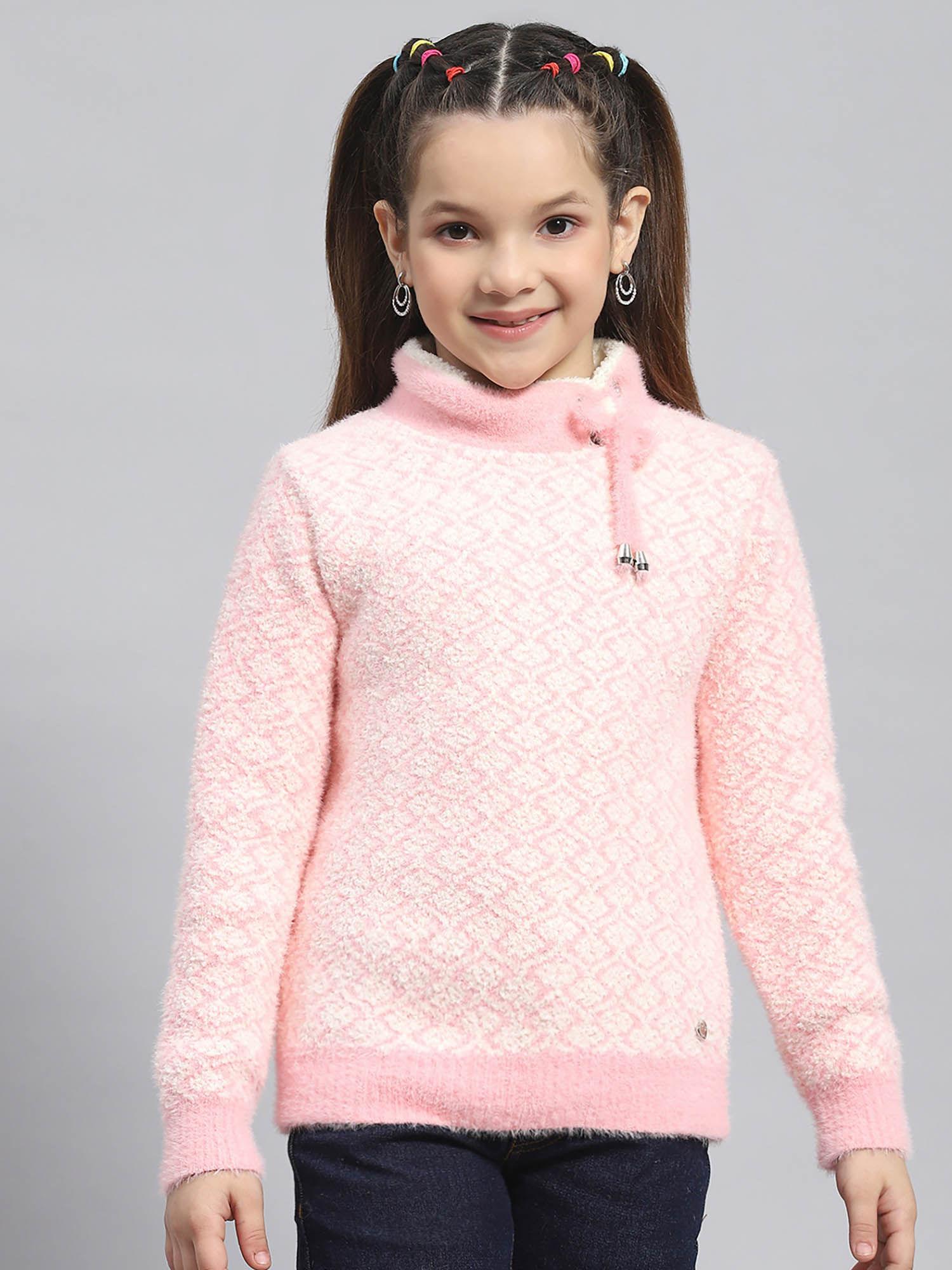 pink self design high neck sweater