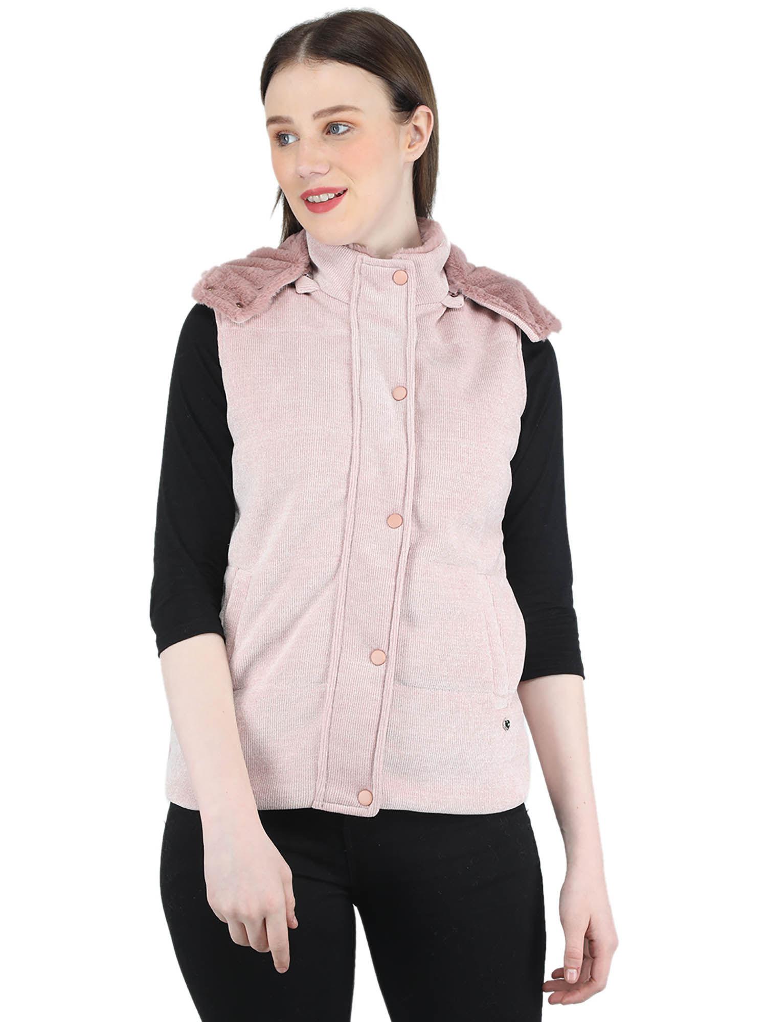 pink self design jackets and coats