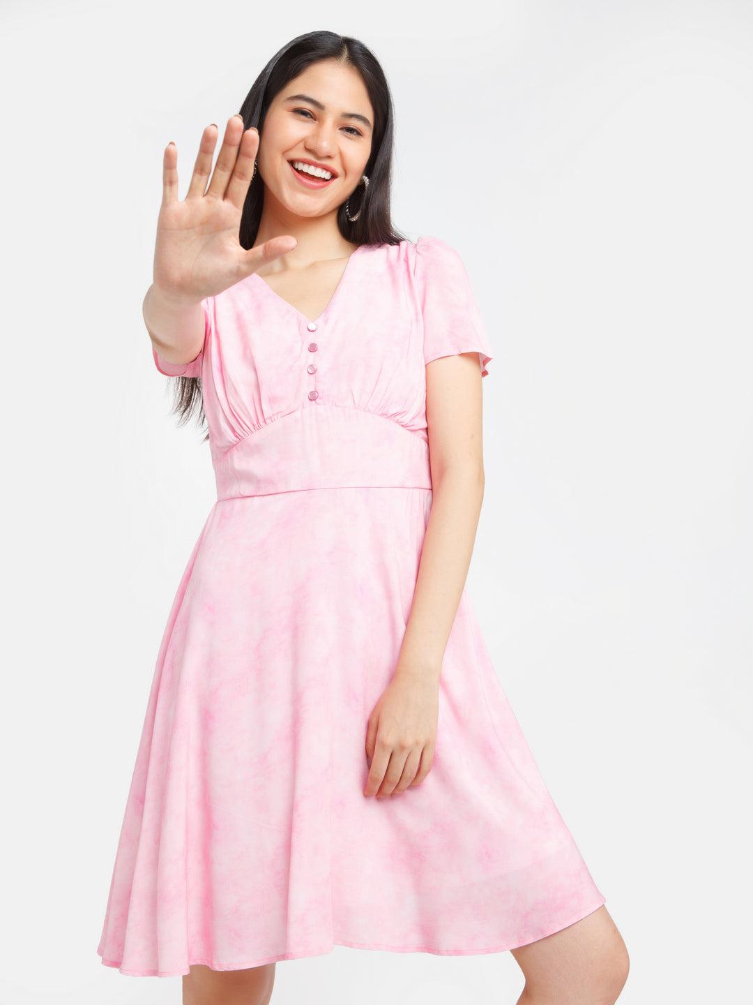 pink self design puff sleeve short dress for women