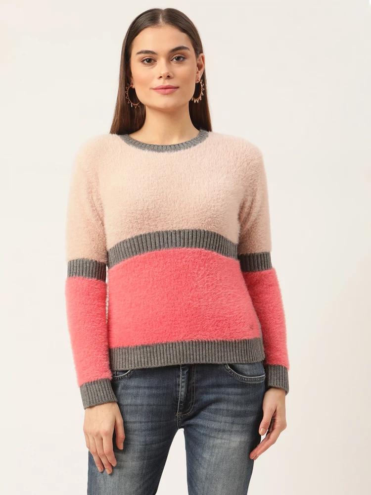 pink self-design round neck sweater