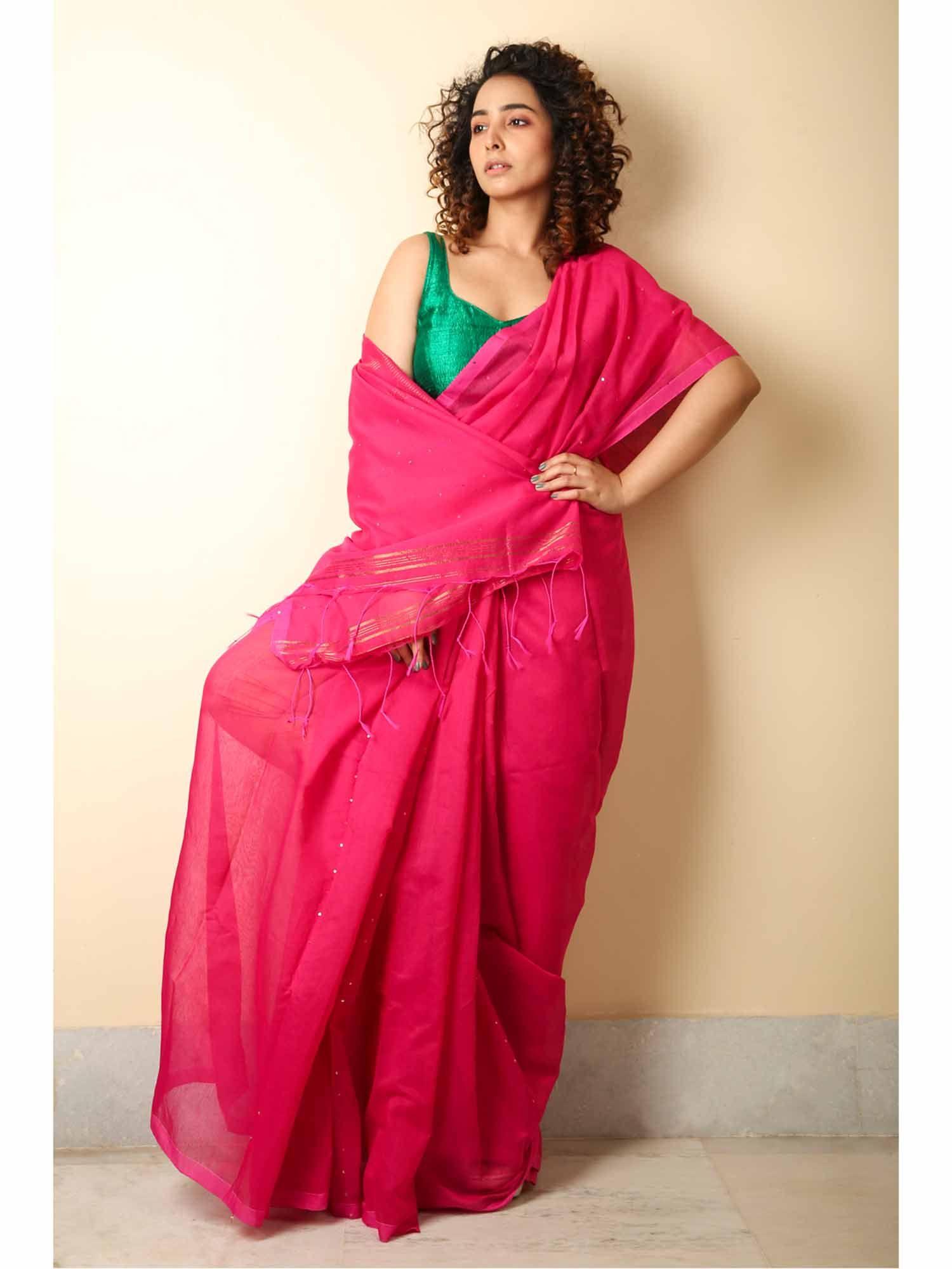 pink sequence handloom saree with unstitched blouse