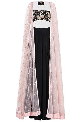 pink sequin embellished cape with black bralet and skirt