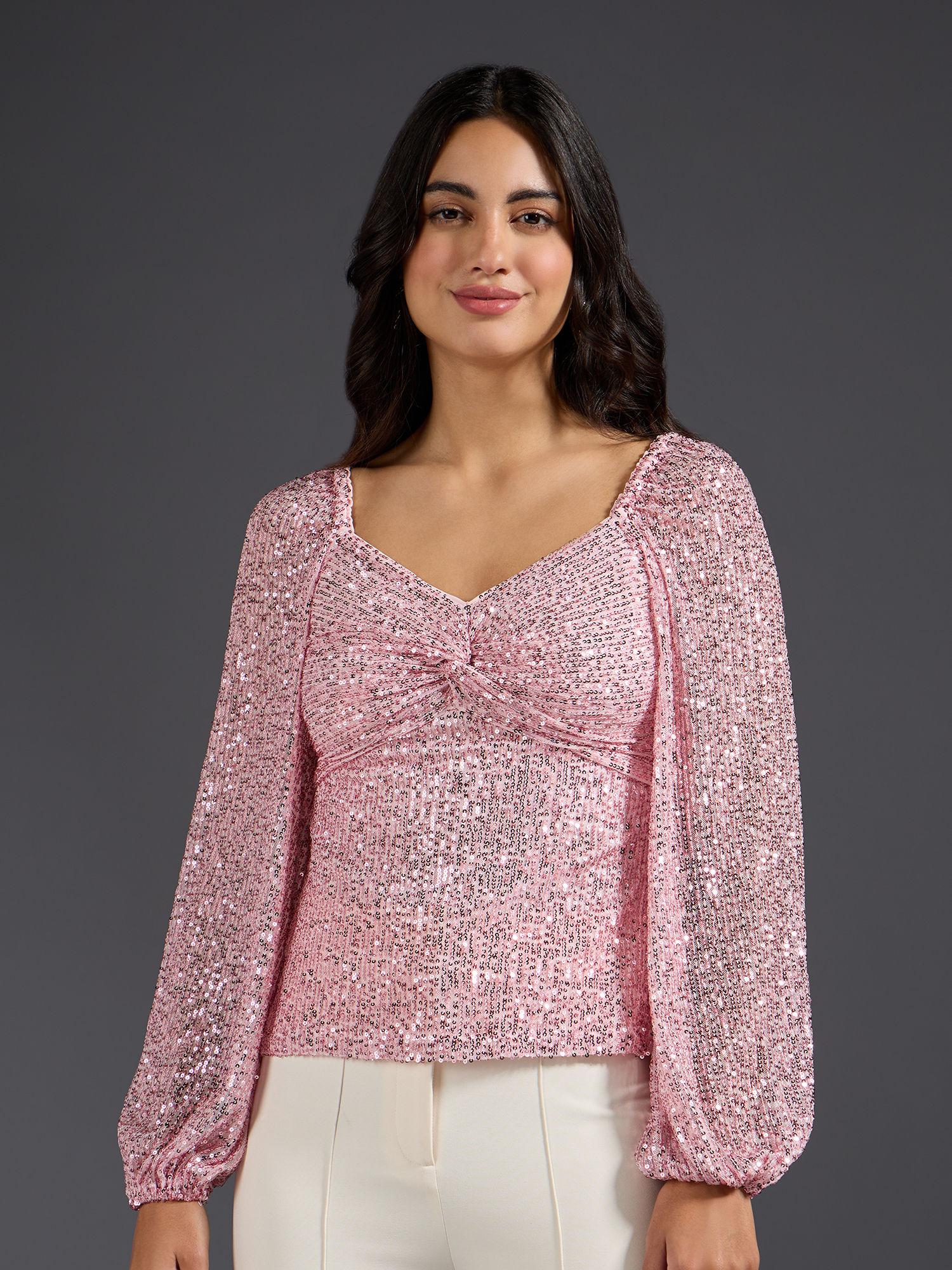 pink sequin sweetheart neck puff sleeve top