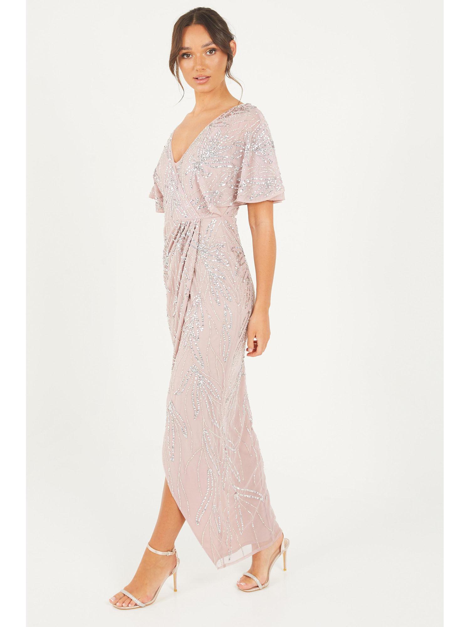 pink sequin wrap batwing maxi dress