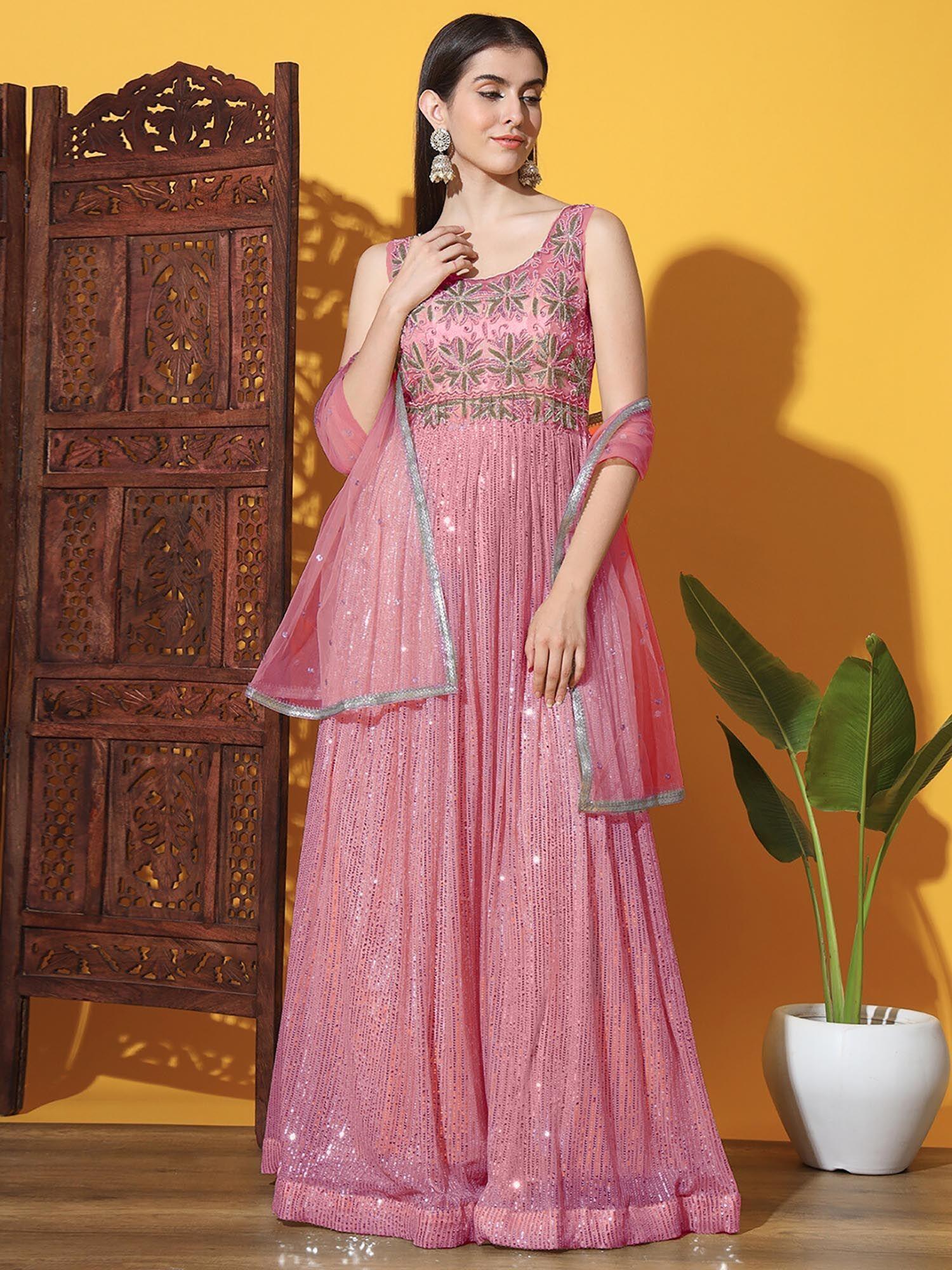 pink sequinned flared cocktail dress with dupatta (set of 2)