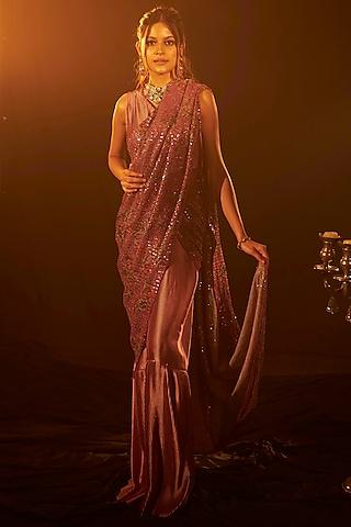 pink sequinned gown saree