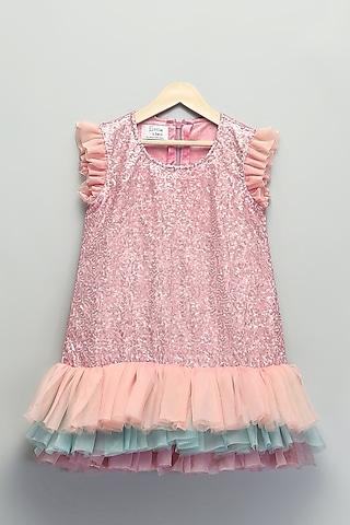 pink sequins & organza ruffled a-line dress for girls