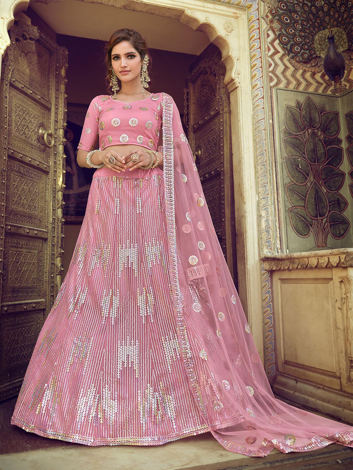 pink sequins semi stitched lehenga with unstitched blouse (set of 3)