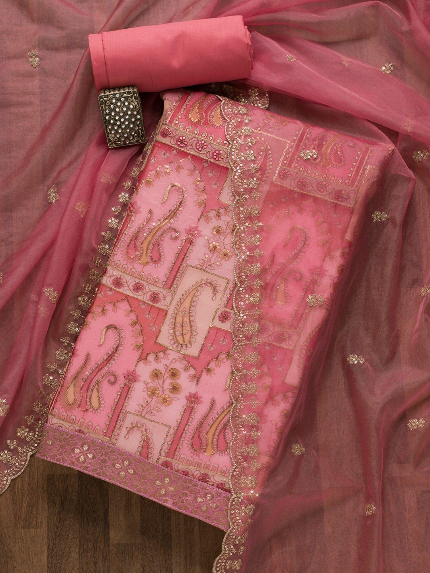 pink sequins tissue unstitched salwar suit (set of 3) (set of three)