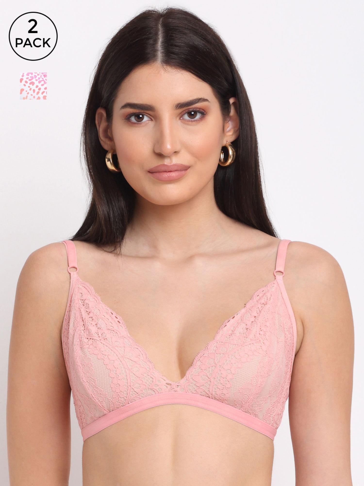 pink set of 2 floral lace non-padded bralette bra