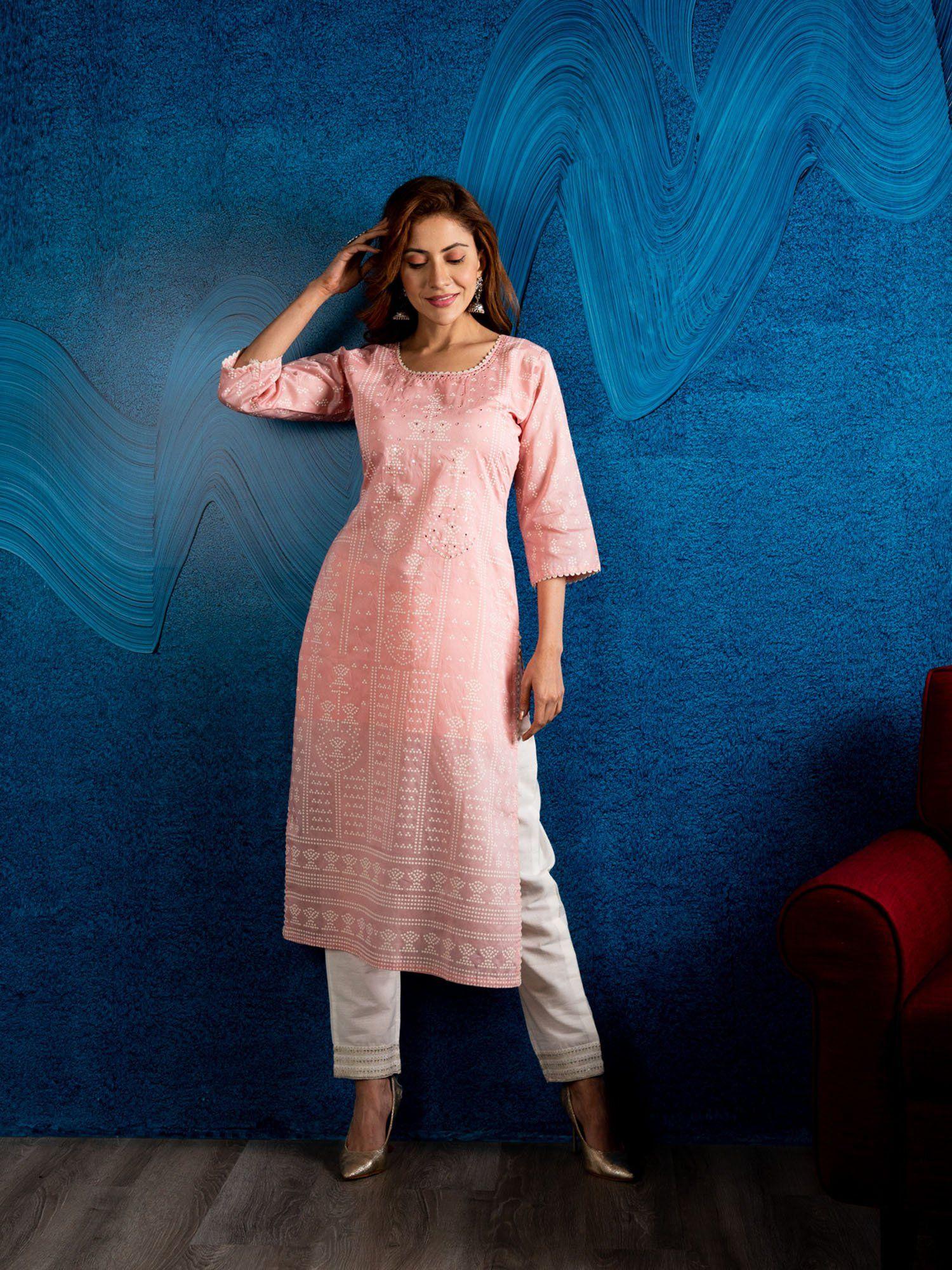 pink shade chanderi silk printed and mirror work kurta