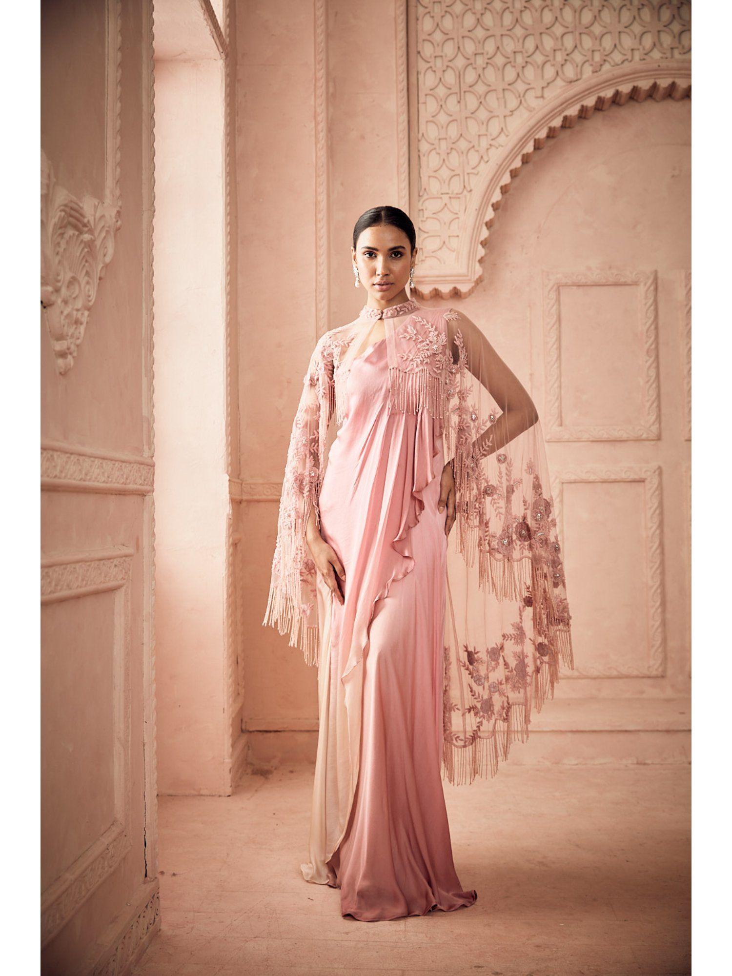 pink shaded gown in satin it is with embroidered cape (set of 2)