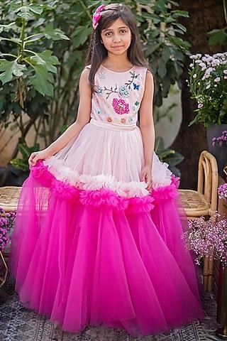 pink shaded organza embroidered flared gown for girls