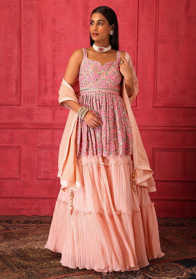 pink sharara with short embroidered peplum kurta and dupatta