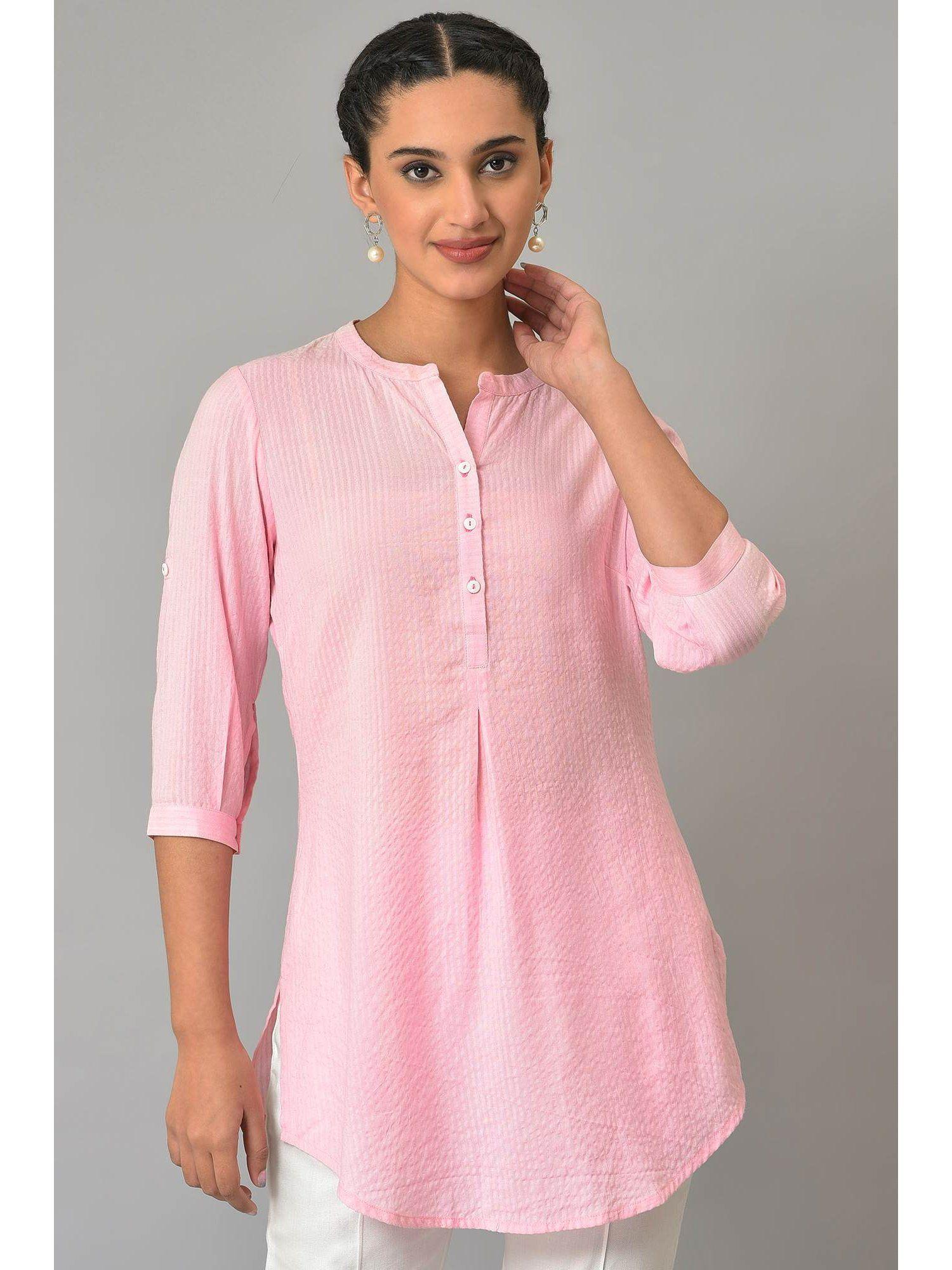 pink sheer sucker mandarin collar kurti