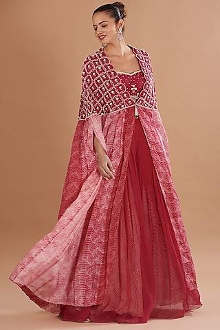 pink shibori embroidered cape set