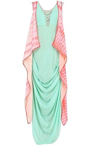 pink shibori print jacket and aqua drape dress set
