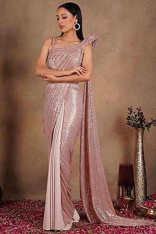pink shimmer lycra pre-stitched saree set