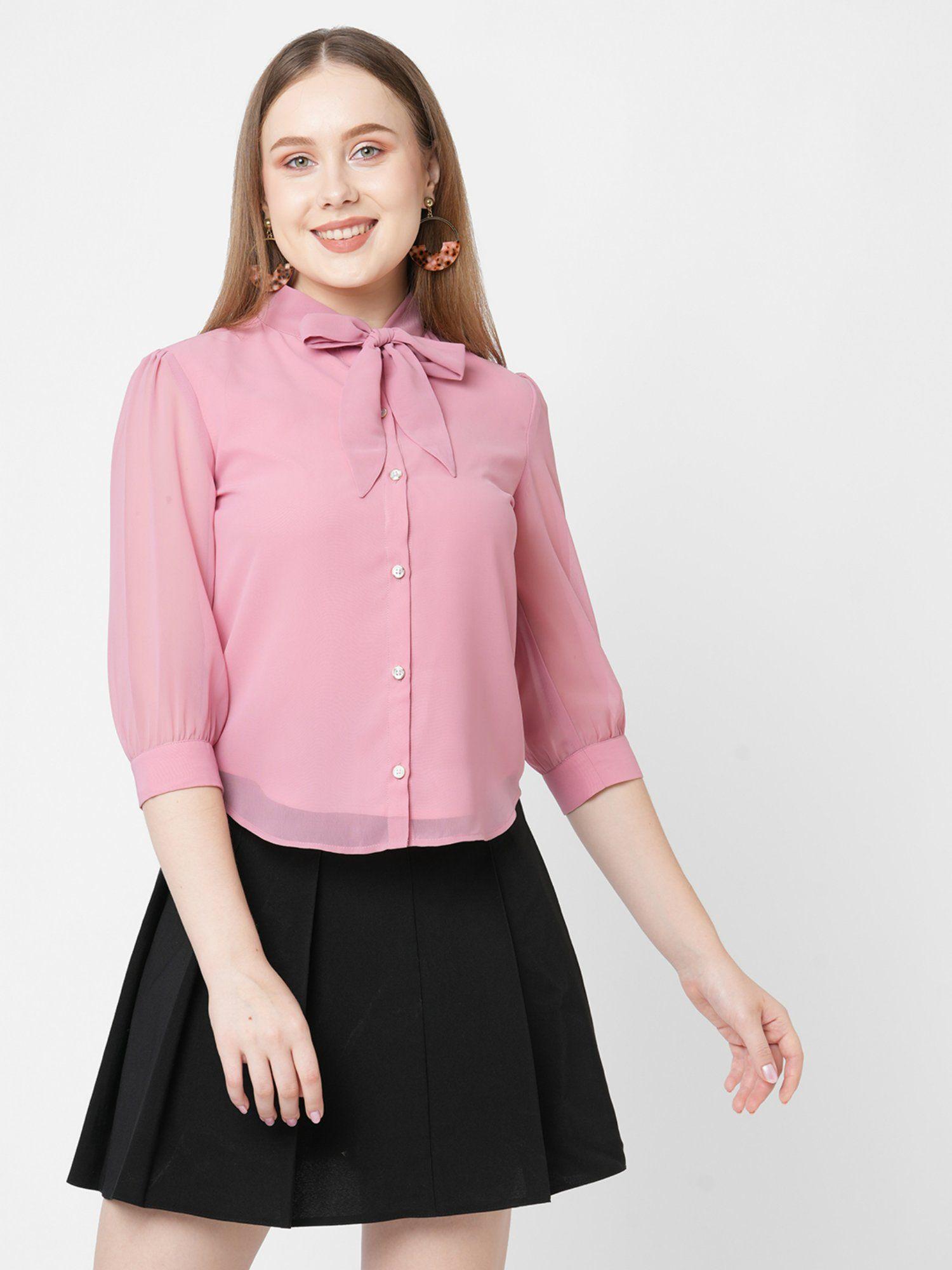 pink shirt style shirt with tie up at neck