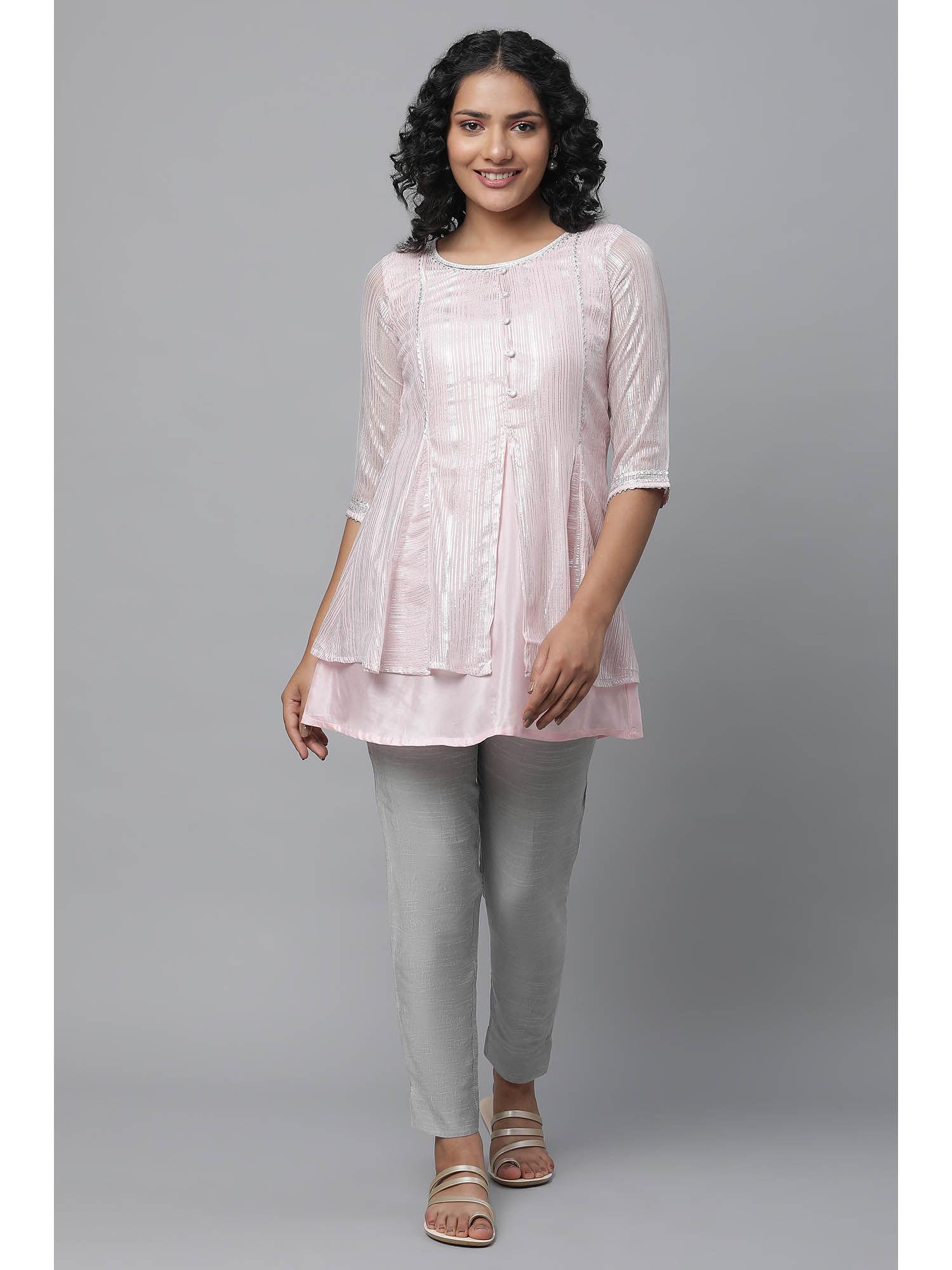 pink short kurti with silver lace details