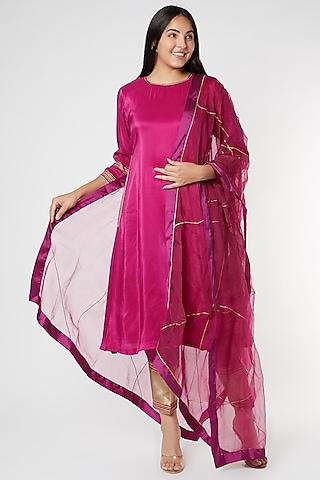 pink silk & cotton kurta set with gota work