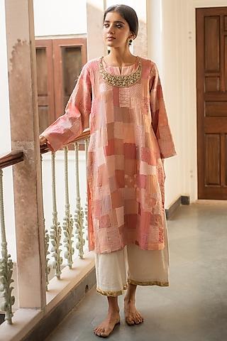 pink silk & cotton patch work kurta set