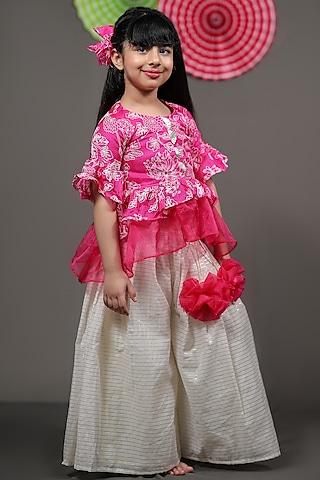 pink silk & lurex chanderi kurta set for girls