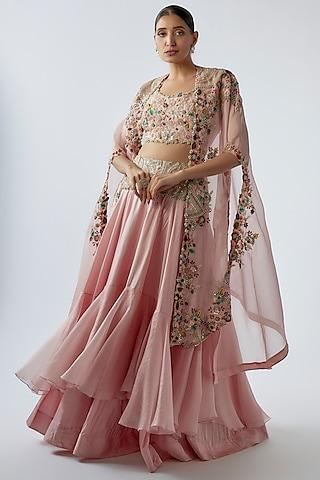 pink silk & organza embroidered jacket lehenga set