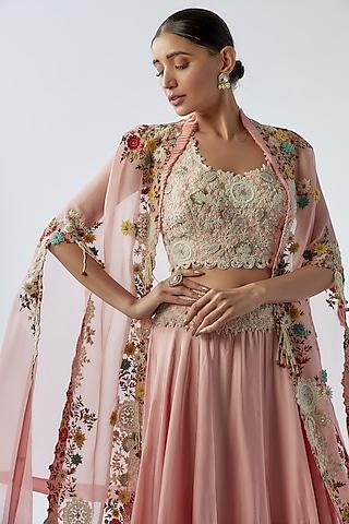 pink silk & organza embroidered jacket lehenga set