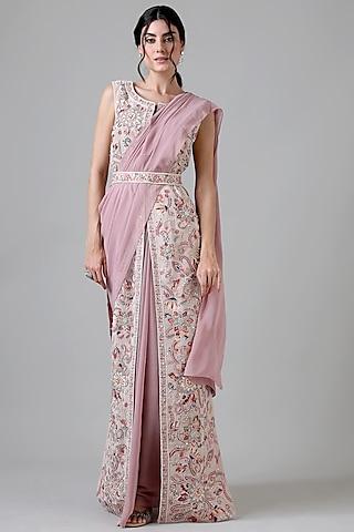 pink silk & polyester embroidered saree set