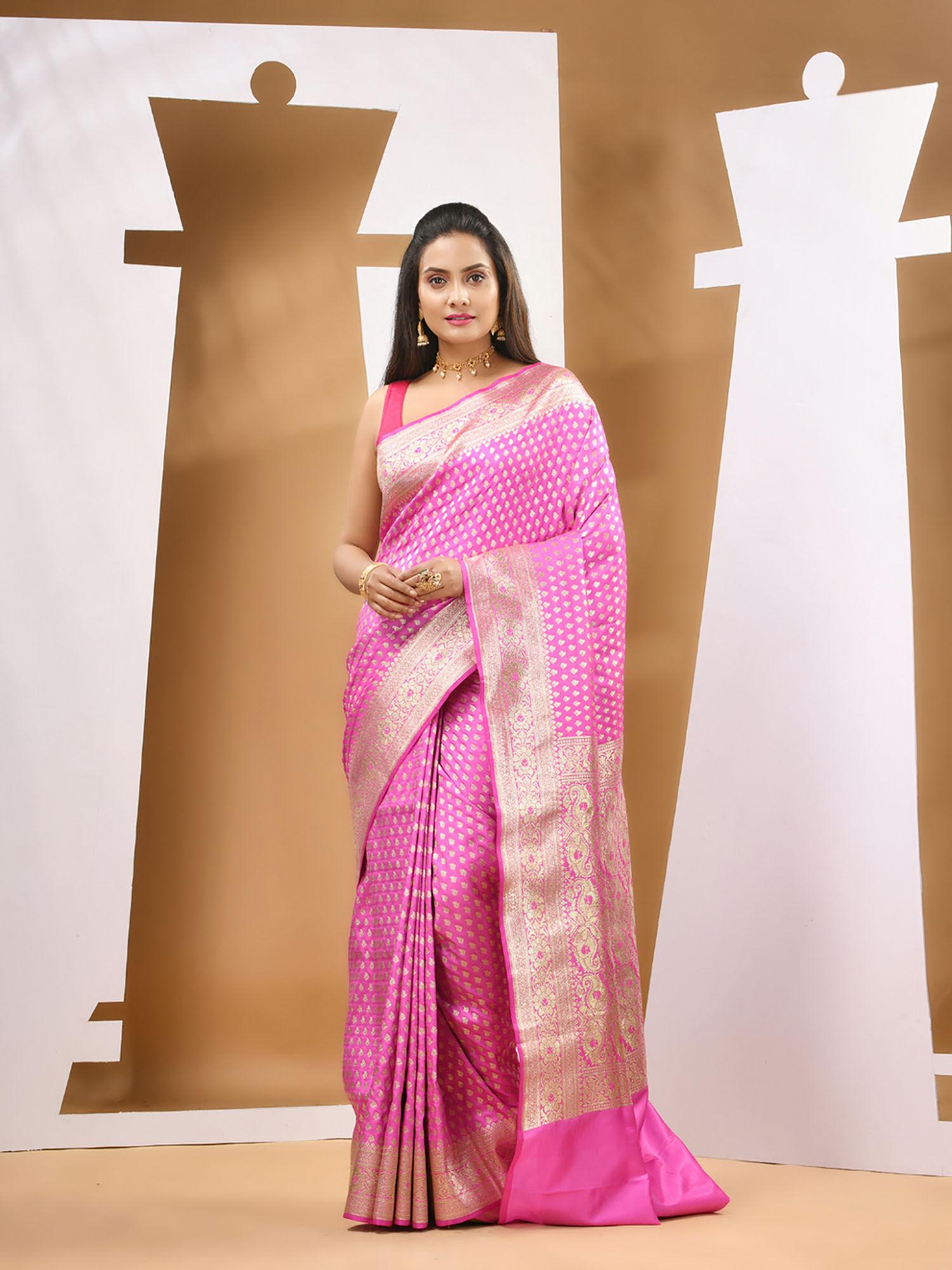 pink silk banarasi saree with unstitched blouse