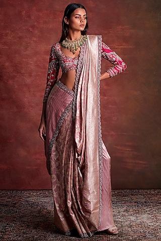 pink silk banarasi zardosi embroidered saree set