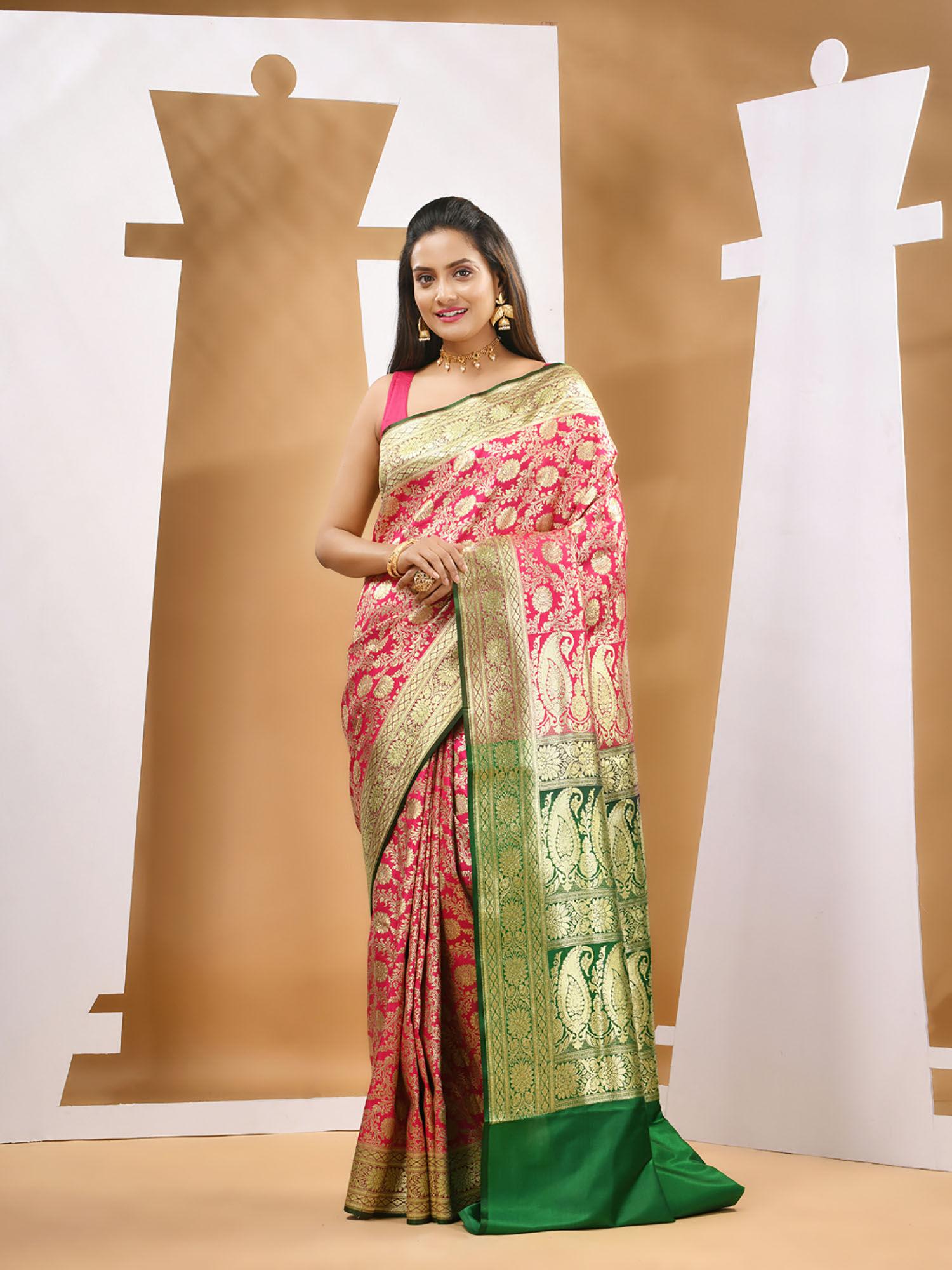 pink silk banarasi zari saree with unstitched blouse