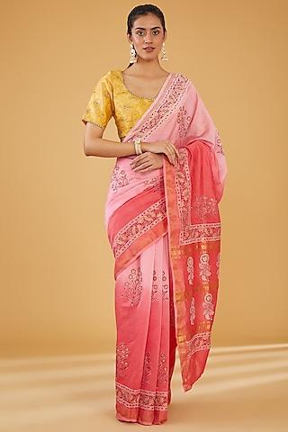 pink silk blend & viscose floral embroidered saree set
