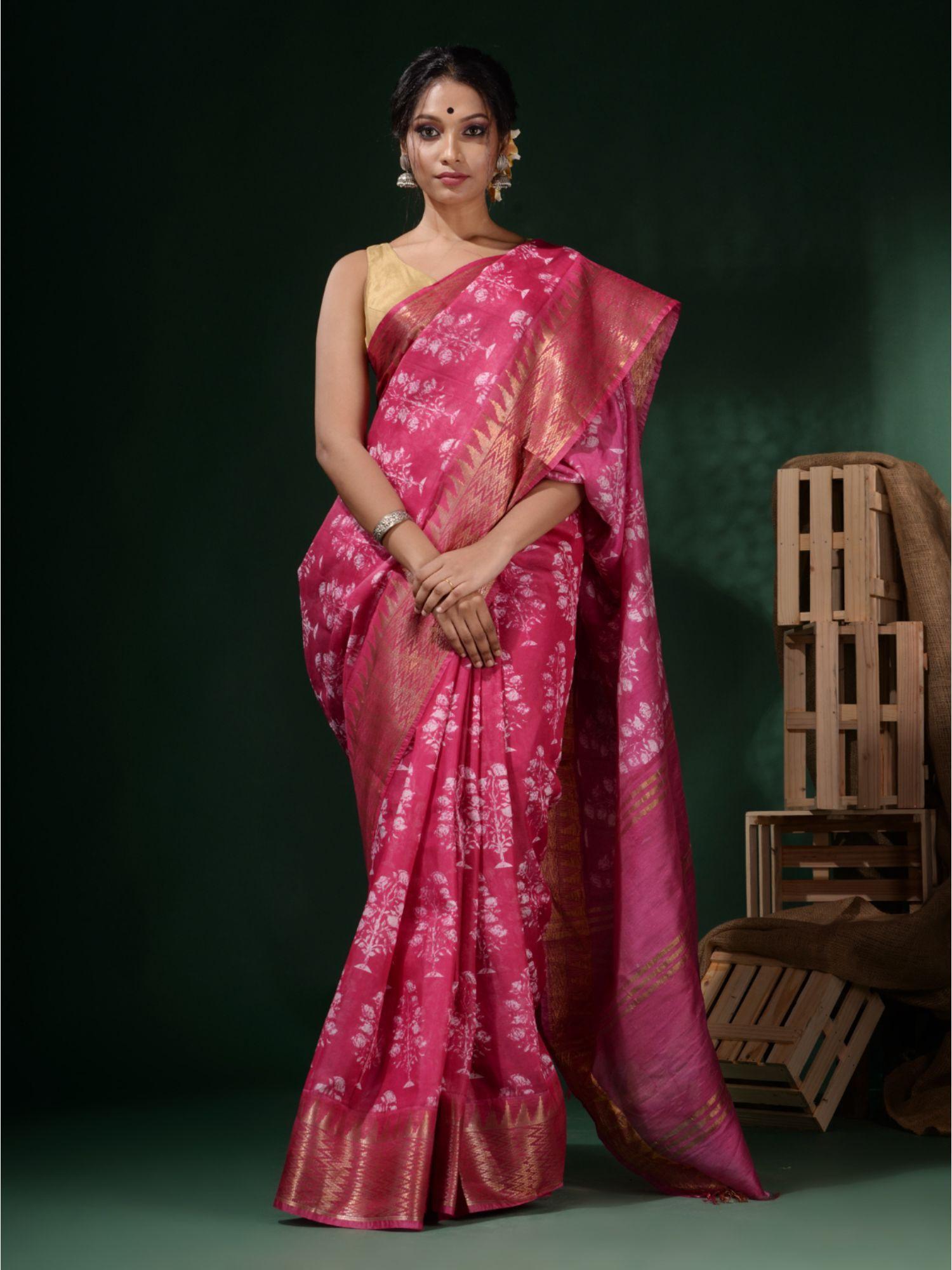 pink silk blend block print saree with unstitched blouse