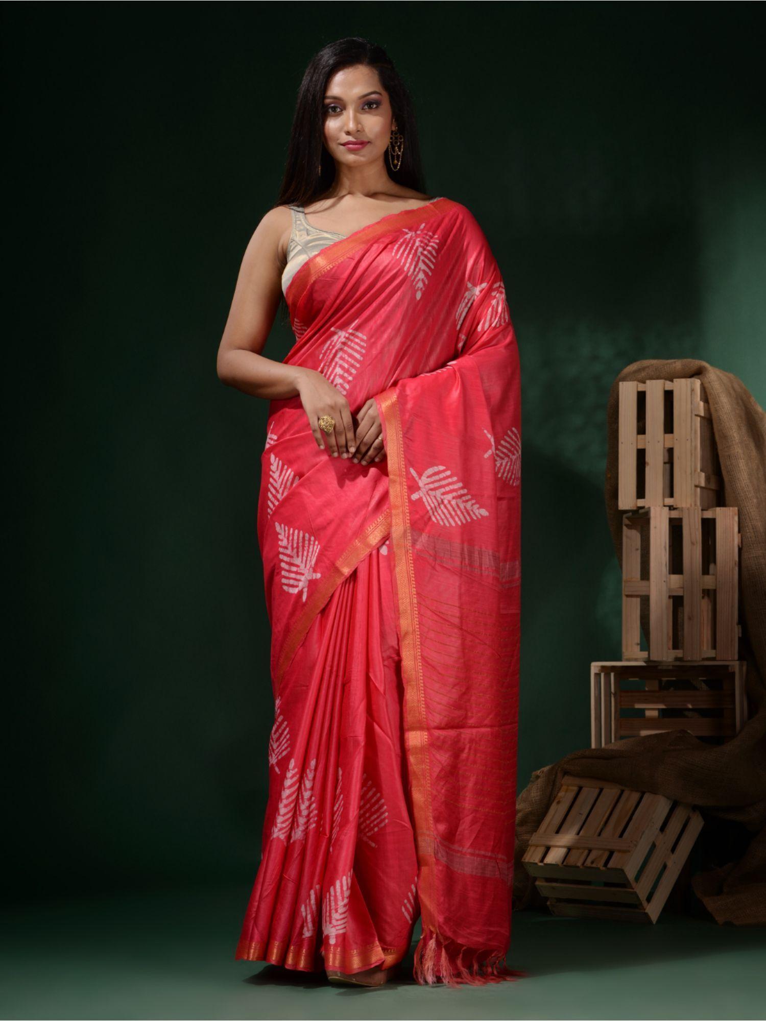 pink silk blend block print saree with unstitched blouse