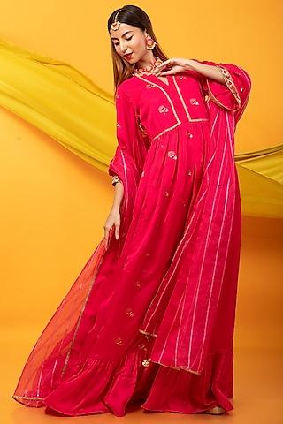 pink silk blend embroidered anarkali set